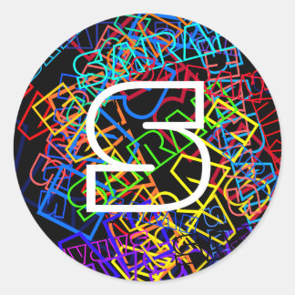 Retro-Moderne Naam & Monogram Heldere Kleuren & Zw Ronde Sticker