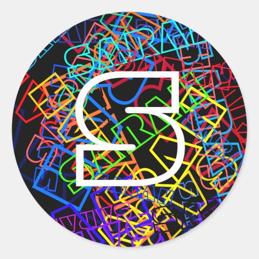 Retro-Moderne Naam & Monogram Heldere Kleuren & Zw Ronde Sticker (Voorkant)