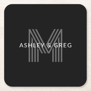 Retro Moderne Naam/Naam Bewerkbaar Monogram Zwart  Kartonnen Onderzetters