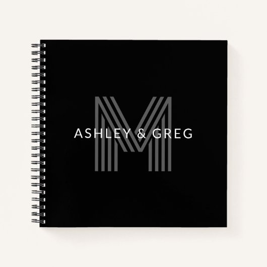 Retro Moderne Naam/Naam Bewerkbaar Monogram Zwart Notitieboek (Voorkant)
