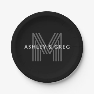 Retro Moderne Naam/Naam Bewerkbaar Monogram Zwart Papieren Bordje