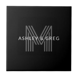 Retro Moderne Naam/Naam Bewerkbaar Monogram Zwart Tegeltje