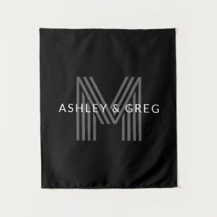 Retro Moderne Naam/Naam Bewerkbaar Monogram Zwart Wandkleed