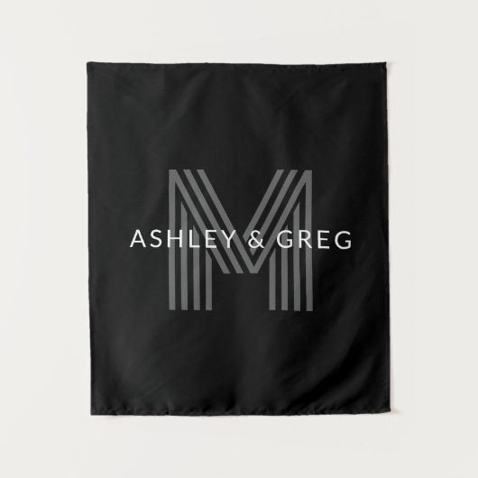 Retro Moderne Naam/Naam Bewerkbaar Monogram Zwart Wandkleed (Voorkant)