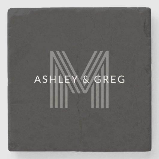 Retro Moderne Naam/ Namen Bewerkbaar Monogram Zwar Stenen Onderzetter (Voorkant)