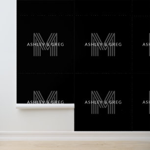 Retro Moderne Naam/Namen Bewerkbaar Monogram Zwart Behang