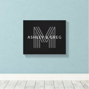 Retro Moderne Naam/Namen Bewerkbaar Monogram Zwart Canvas Afdruk