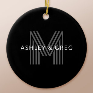 Retro Moderne Naam/Namen Bewerkbaar Monogram Zwart Keramisch Ornament