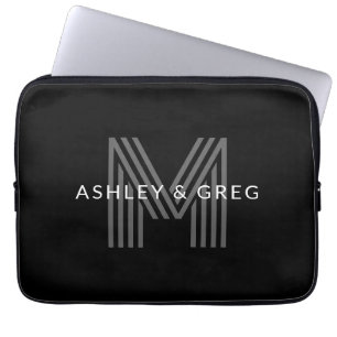 Retro Moderne Naam/Namen Bewerkbaar Monogram Zwart Laptop Sleeve