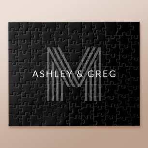 Retro Moderne Naam/Namen Bewerkbaar Monogram Zwart Legpuzzel