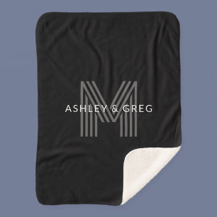 Retro Moderne Naam/Namen Bewerkbaar Monogram Zwart Sherpa Deken