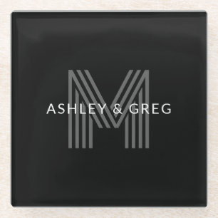Retro Moderne Naam/s Bewerkbaar Monogram Zwart & G Glazen Onderzetter