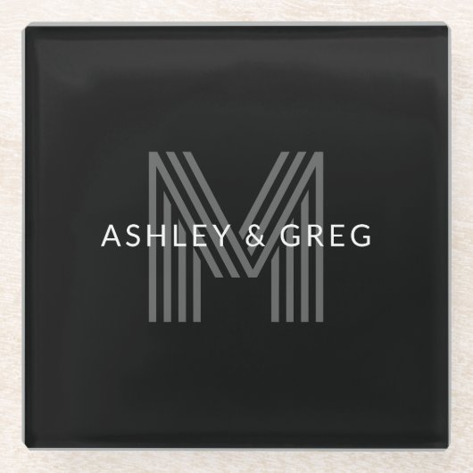 Retro Moderne Naam/s Bewerkbaar Monogram Zwart & G Glazen Onderzetter (Voorkant)