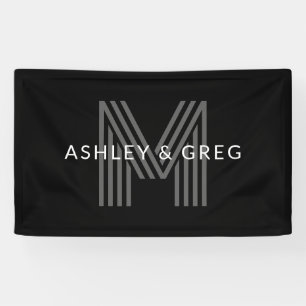 Retro Moderne Naam/s Bewerkbaar Monogram Zwart & G Spandoek