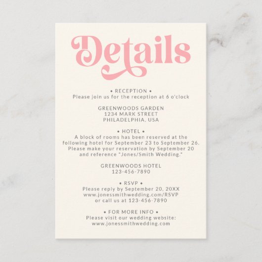 Retro Moderne Pastel Trouwdetails Informatiekaartje (Voorkant)