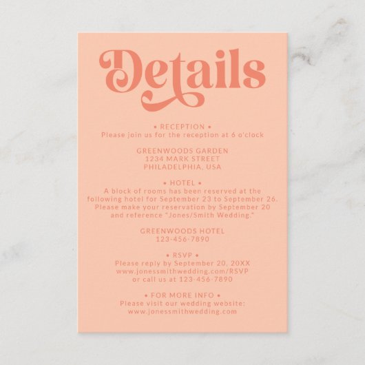 Retro Moderne Perzik en Blauwe Bruiloft Details Informatiekaartje (Voorkant)