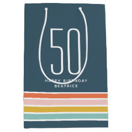 Retro Moderne Regenboog Strepen Verjaardag 50e Medium Cadeauzakje