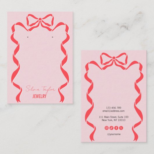 Retro moderne rode roze strik lint oorbel display visitekaartje (Voorkant / Achterkant)