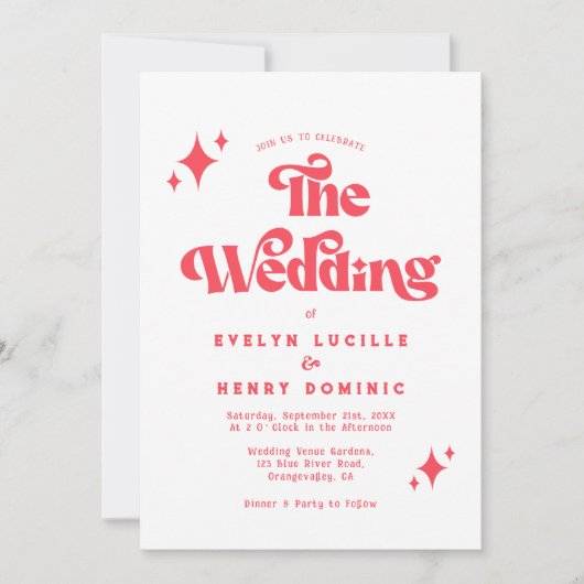 Retro moderne rood en wit bruiloft kaart (Voorkant)
