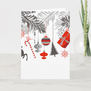 Retro Moderne Rood & Grijs Kerst Ornamenten Feestdagen Kaart