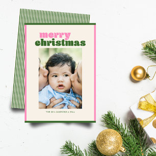 Retro Moderne Roze Groene Kerst Foto Baby Feestdagenkaart