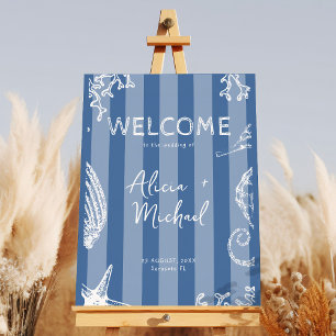 Retro moderne strand gestreepte huwelijks welkom b poster