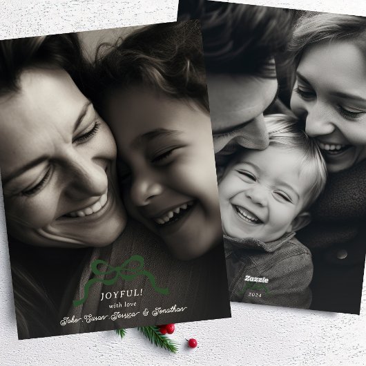 Retro Moderne Trendy Kerstmis Green Bow 2 Foto Feestdagenkaart