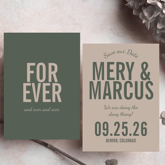 Retro Moderne Vet Groen & Beige Script Bruiloft Save The Date