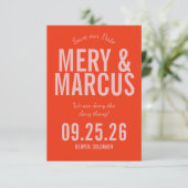 Retro Moderne Vet Rode & Roze Script Bruiloft  Save The Date (Staand voorkant)