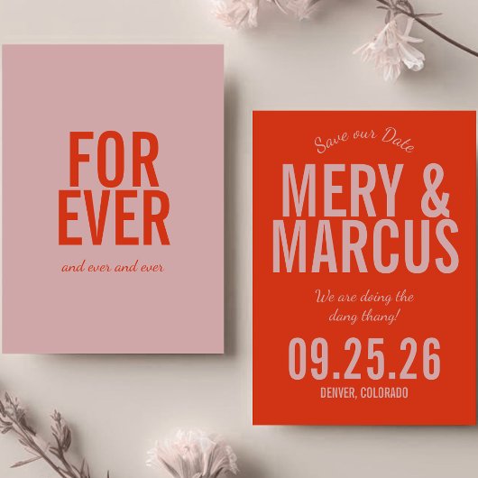 Retro Moderne Vet Rode & Roze Script Bruiloft  Save The Date