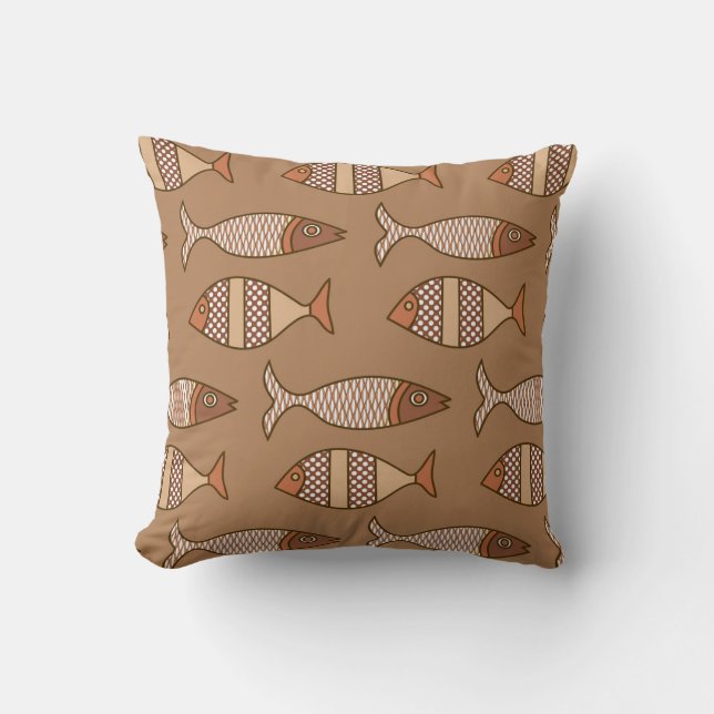 Retro moderne visprint, tan, beige en bruin kussen (Voorkant)