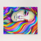 Retro Moderne Vrouw met Regenbooghaar Legpuzzel (Horizontaal)