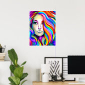 Retro Moderne Vrouw met Regenbooghaar Poster (Thuiskantoor)