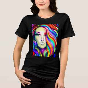 Retro Moderne Vrouw met Regenbooghaar Tri-Blend Shirt