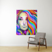 Retro Moderne Vrouw met Regenbooghaar Wandkleed (In situ)