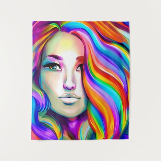 Retro Moderne Vrouw met Regenbooghaar Wandkleed (Voorkant)