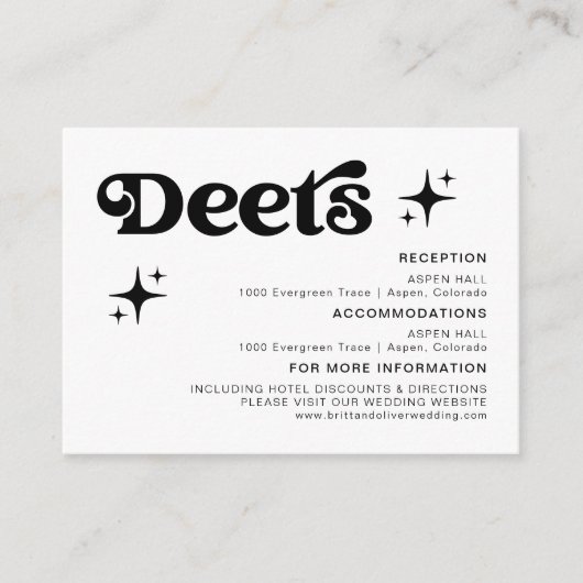 Retro Moderne Zwart-Wit Bruiloft Details Informatiekaartje (Voorkant)