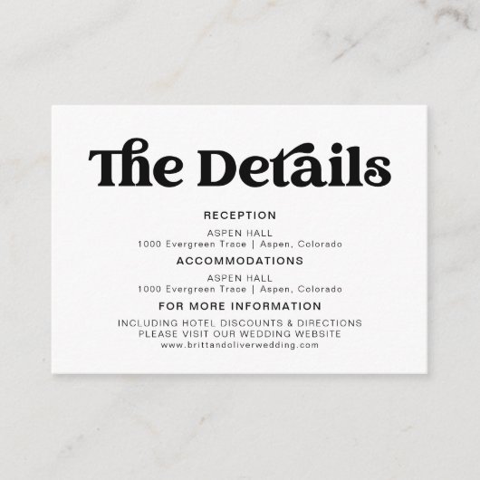 Retro Moderne Zwart-Wit Bruiloft Details Informatiekaartje (Voorkant)