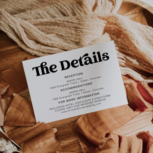 Retro Moderne Zwart-Wit Bruiloft Details Informatiekaartje