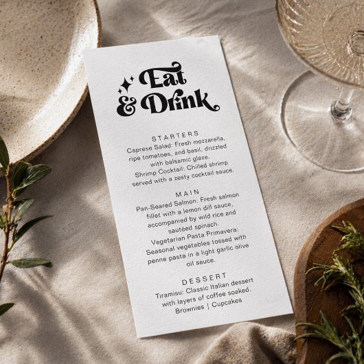 Retro Moderne Zwarte Witte Eet en Drink Huwelijksf Menu