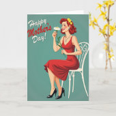Retro moeder in turkoois Moederdag kaart (Gele Bloem)