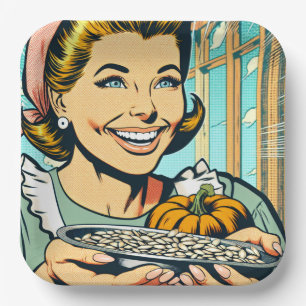 Retro moeder met Bord van Halloween pompoenpitten