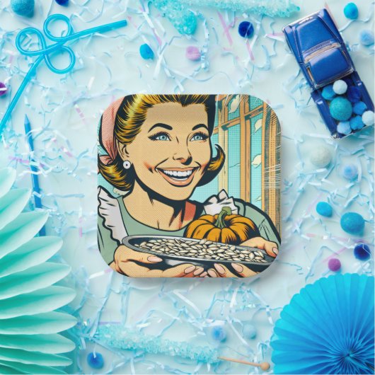 Retro moeder met Bord van Halloween pompoenpitten (Feest)