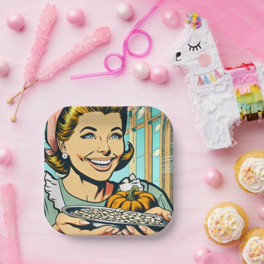 Retro moeder met Bord van Halloween pompoenpitten (Feest)