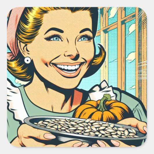 Retro moeder met dienblad van pompoenpitten Hallow Vierkante Sticker (Voorkant)