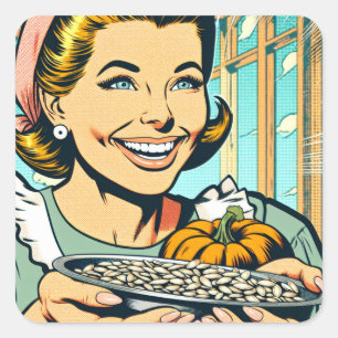 Retro moeder met dienblad van pompoenpitten Hallow Vierkante Sticker