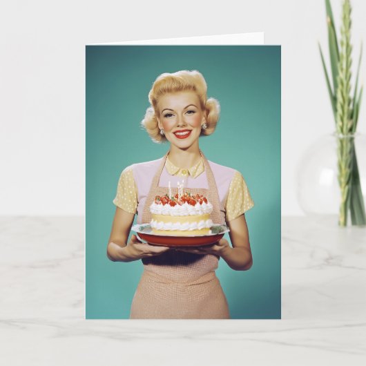 Retro moeder met een feestelijke taart (Voorkant)