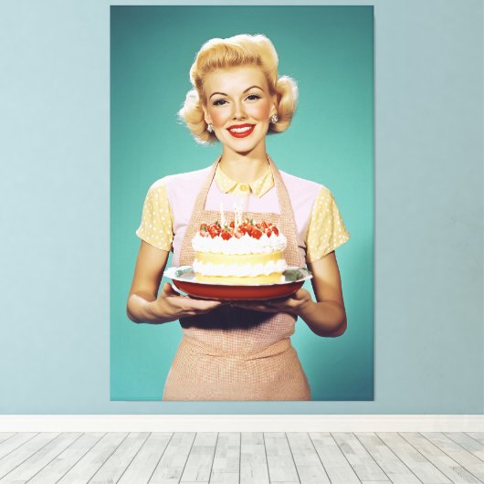 Retro moeder met een feestelijke taart canvas afdruk (Insitu (Houten vloer))