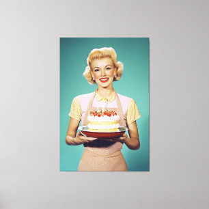 Retro moeder met een feestelijke taart canvas afdruk