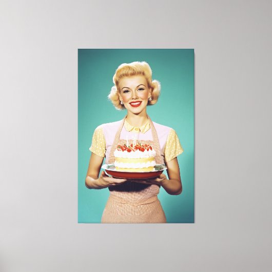 Retro moeder met een feestelijke taart canvas afdruk (Voorkant)
